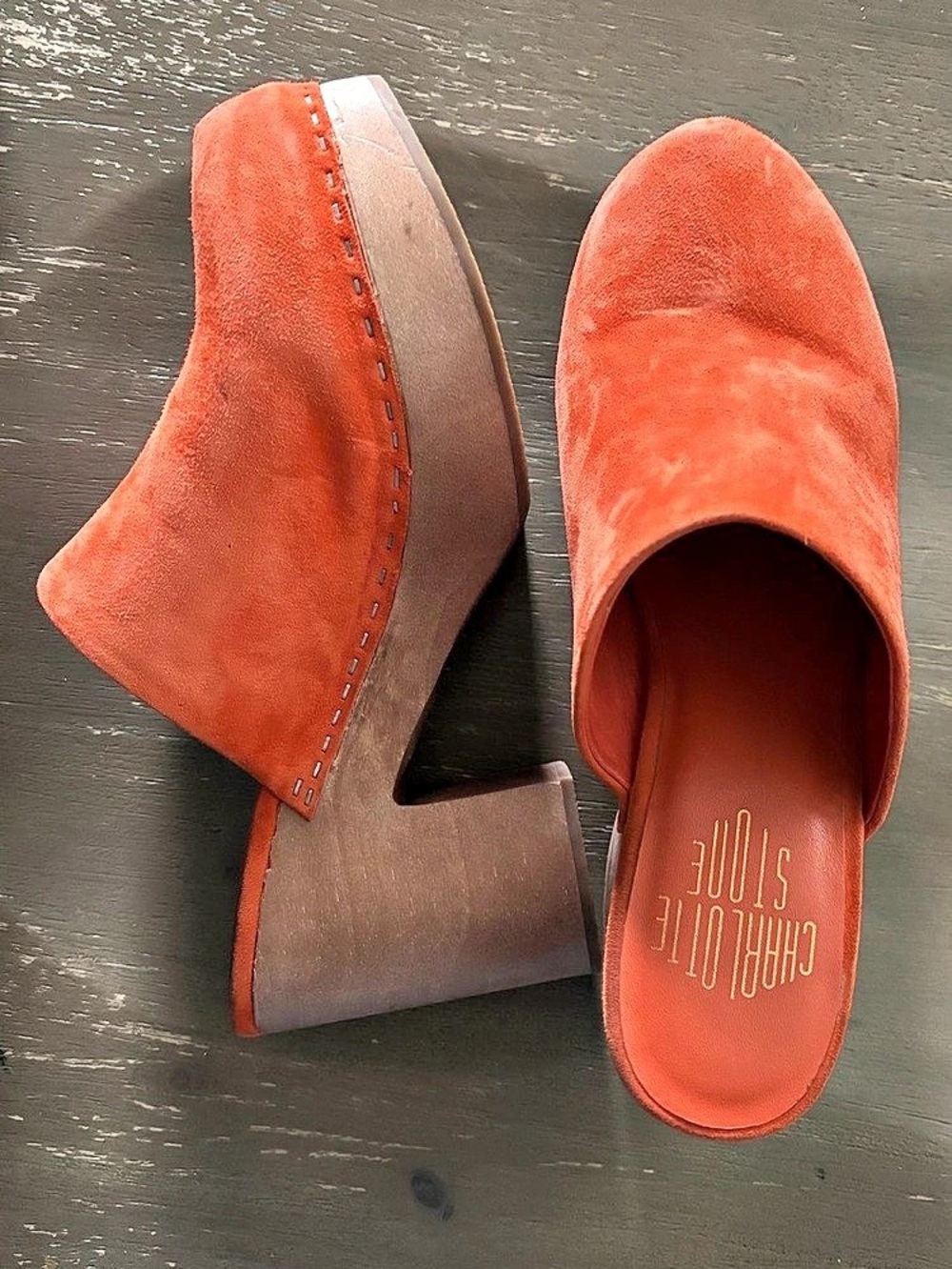 Charlotte Stone Orange Suede Wedge Clogs US 8 - Picture 2 of 6